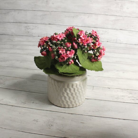 Pink Kalanchoe Artificial Silk Floral Arrangement Potted Flowers Ceramic Pot - Picture 3 of 7